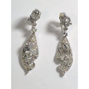 Panetta Rhinestone Silver Tone Vintage Clip Dangle Earrings